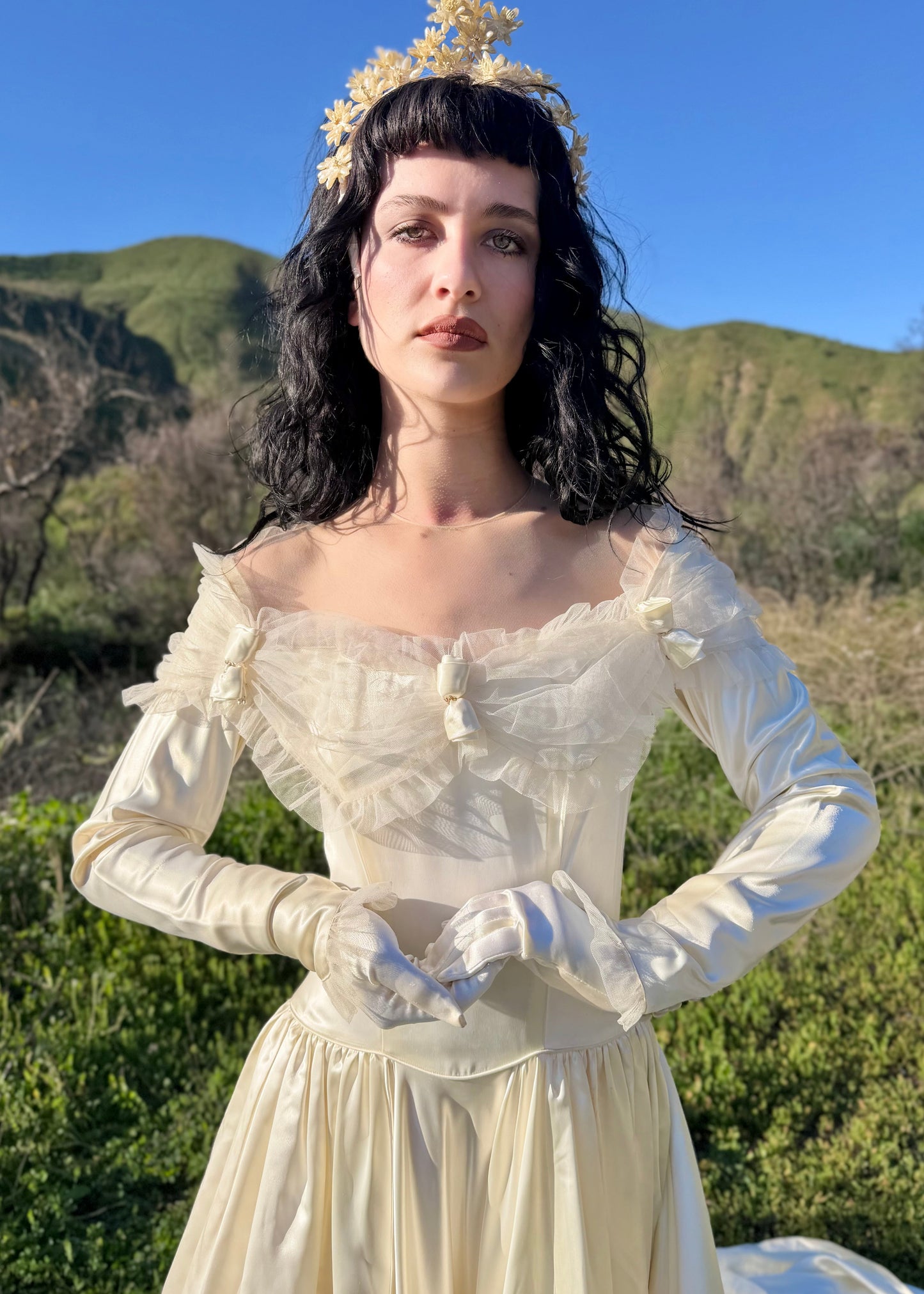 Rare, Exceptionally Stunning, Vintage 1940’s Liquid Silk Satin Charmeuse Wedding Gown in Ivory with a Basque Waist and 86" Cathedral Train. Designed by: Miriam Originals New York