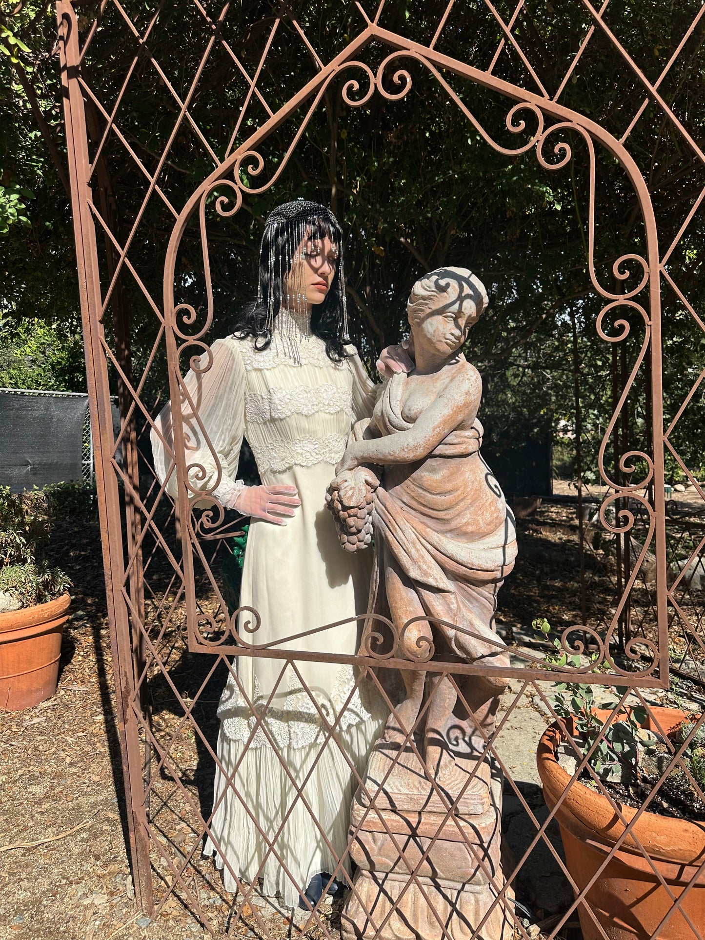 Whimsical Vintage 1970's Victorian Inspired Silk Chiffon Alencon Lace Bridal Dress in Alabaster