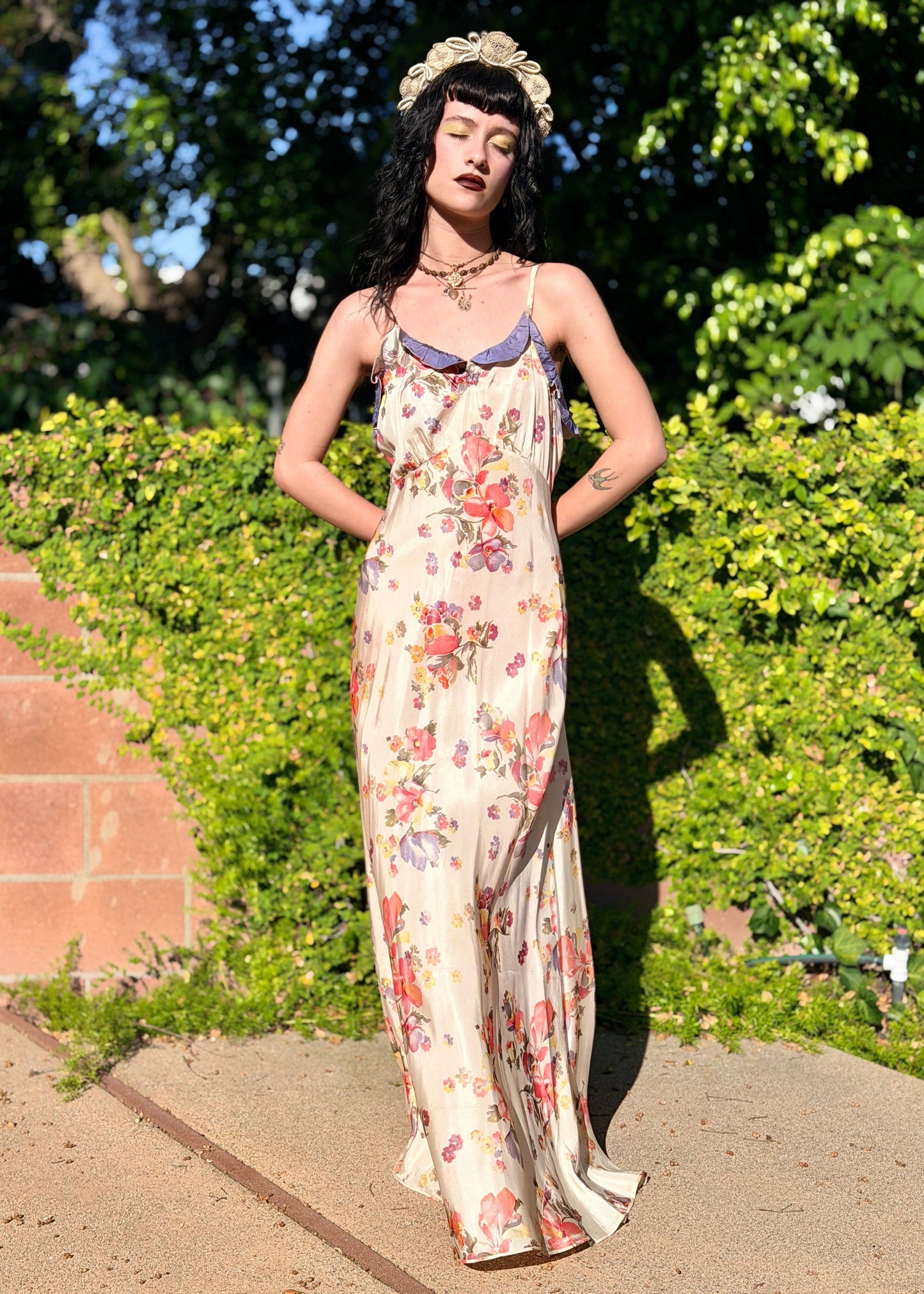 Romantic Antique 1930’s Silk Taffeta Floral Gown and Bolero Rare 2-Piece Set