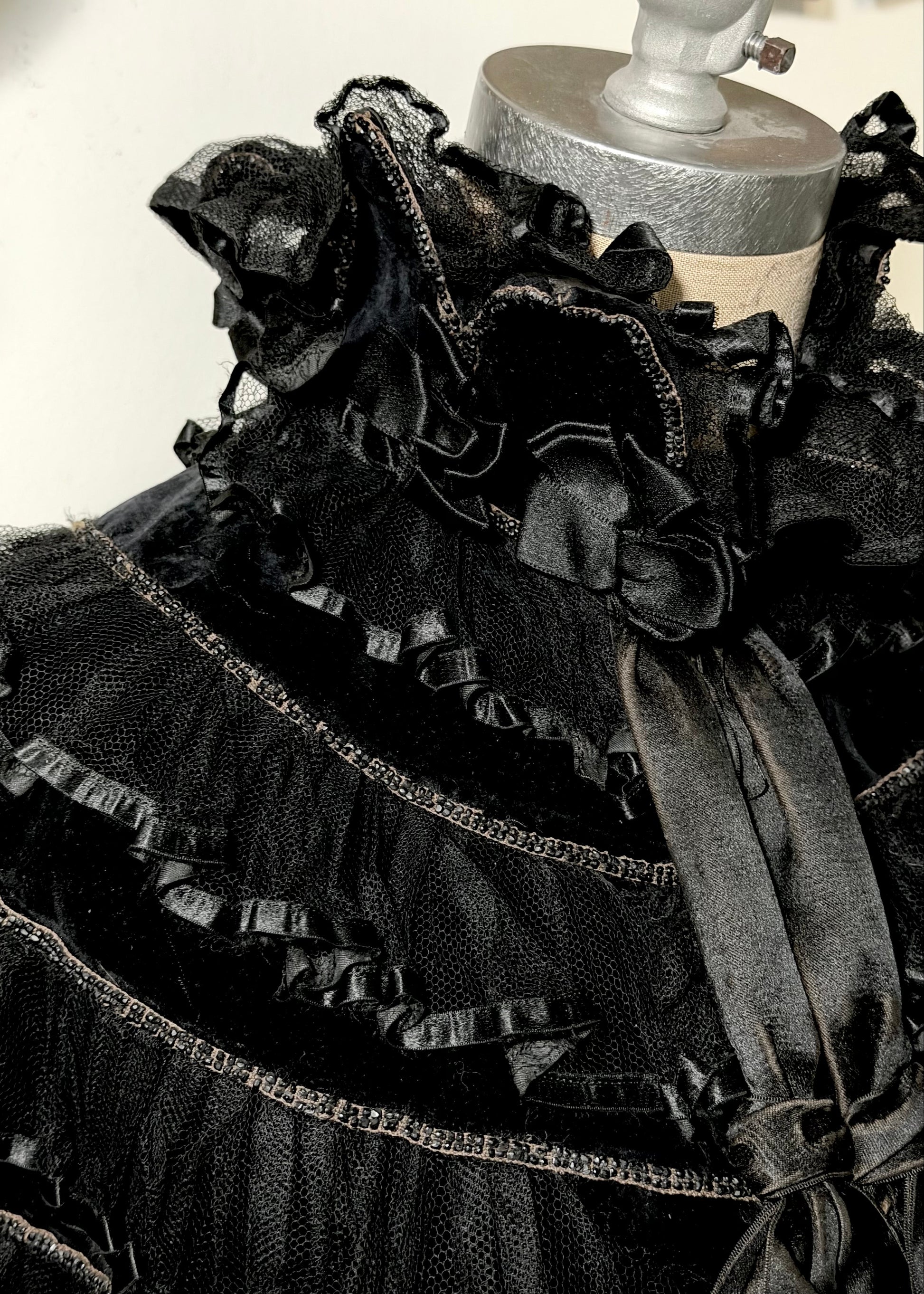 Close-up of a black ruffled garment with a blurred background