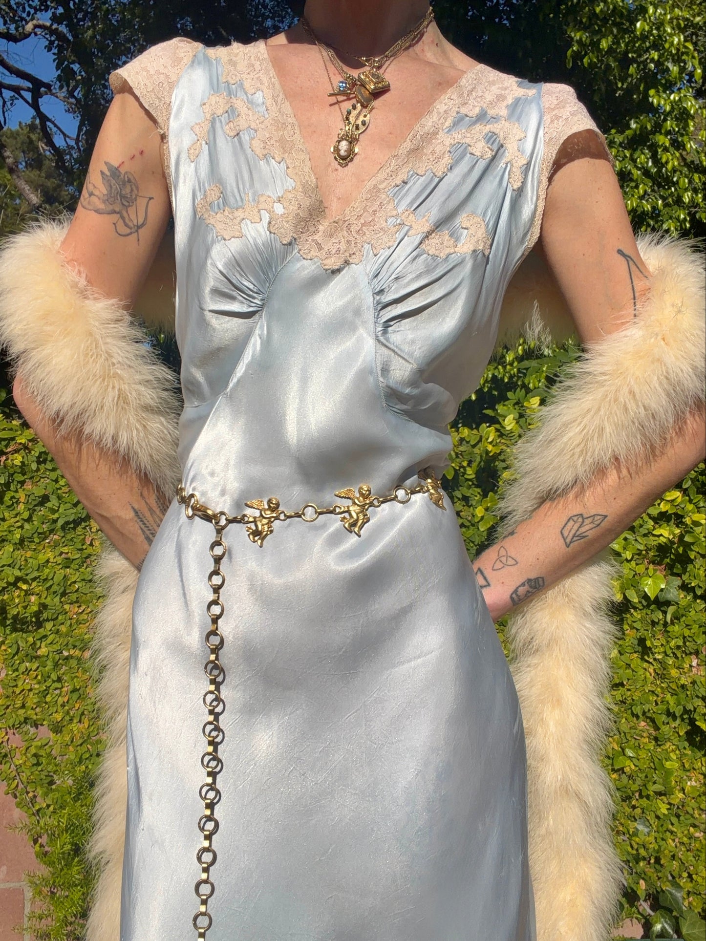 Whimsical Ice Blue Antique 1930's Silk Charmeuse Bias Cut Slip Dress with Cream Lace Inserts - Volup Size