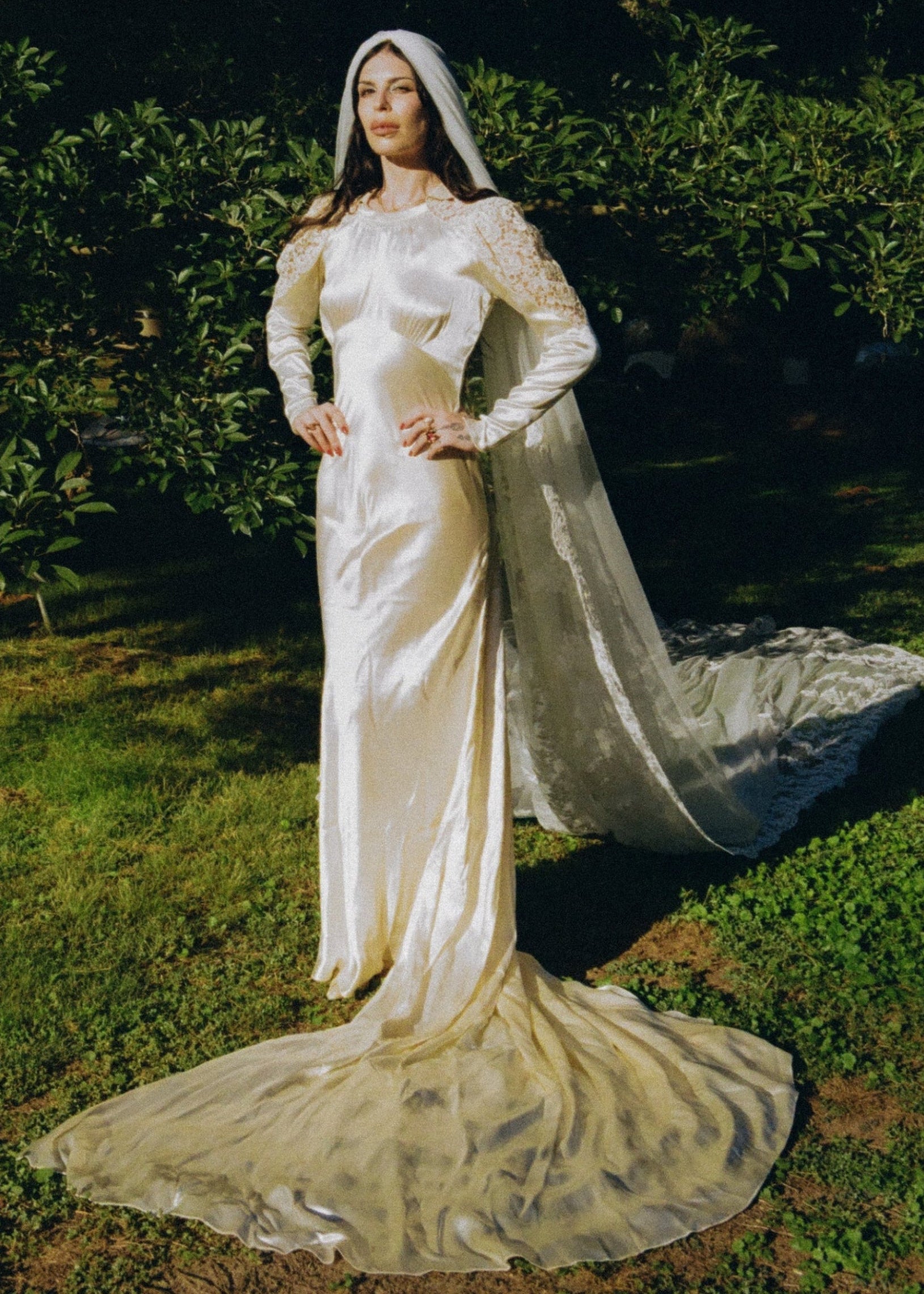 Antique 1930s Liquid Satin Bias Cut Silk Charmeuse Wedding Gown with Alencon Lace and Cathedral Train Antique 1930s Liquid Satin Bias Cut Silk Charmeuse Wedding Gown with Alencon Lace and Cathedral Train