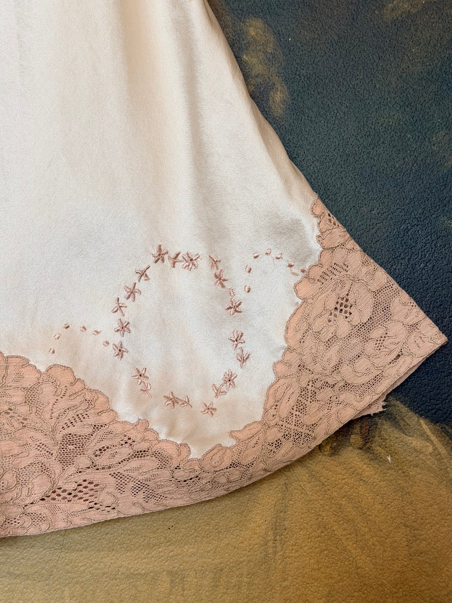 Antique 1930's Silk Tap Pants Bias Cut in Cream with Lace Inserts and Embroidery - Rare size L L/XL