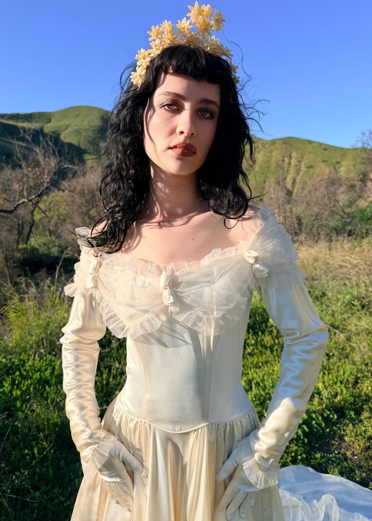 Dramatic Period Piece 1940's Miriam Originals New York Liquid Satin Wedding Gown Basque Waist with an 86" Cathedral Train