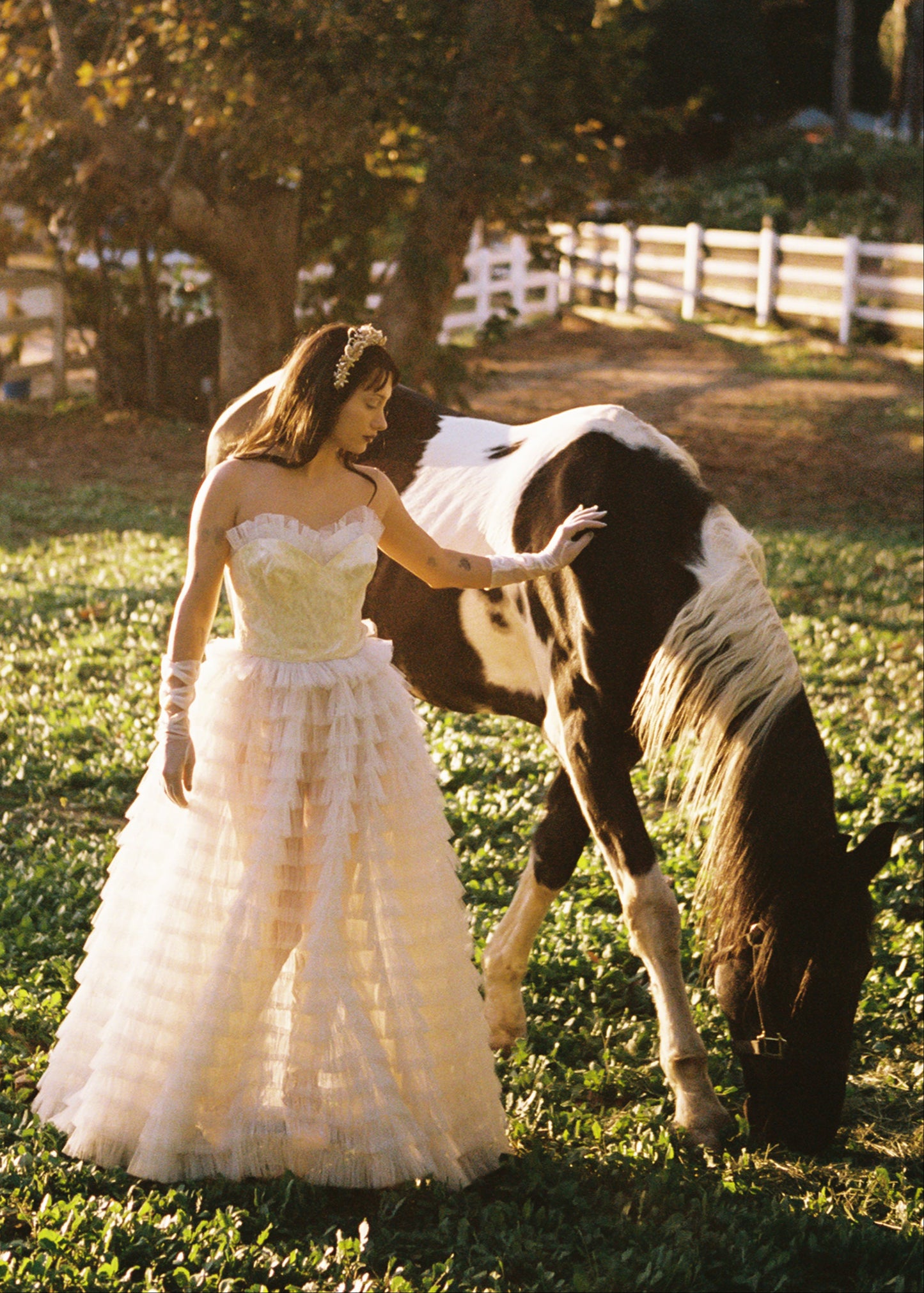 Woman in a vintage wedding dress standing next to a horse in a grassy field with trees and a fence in the background.