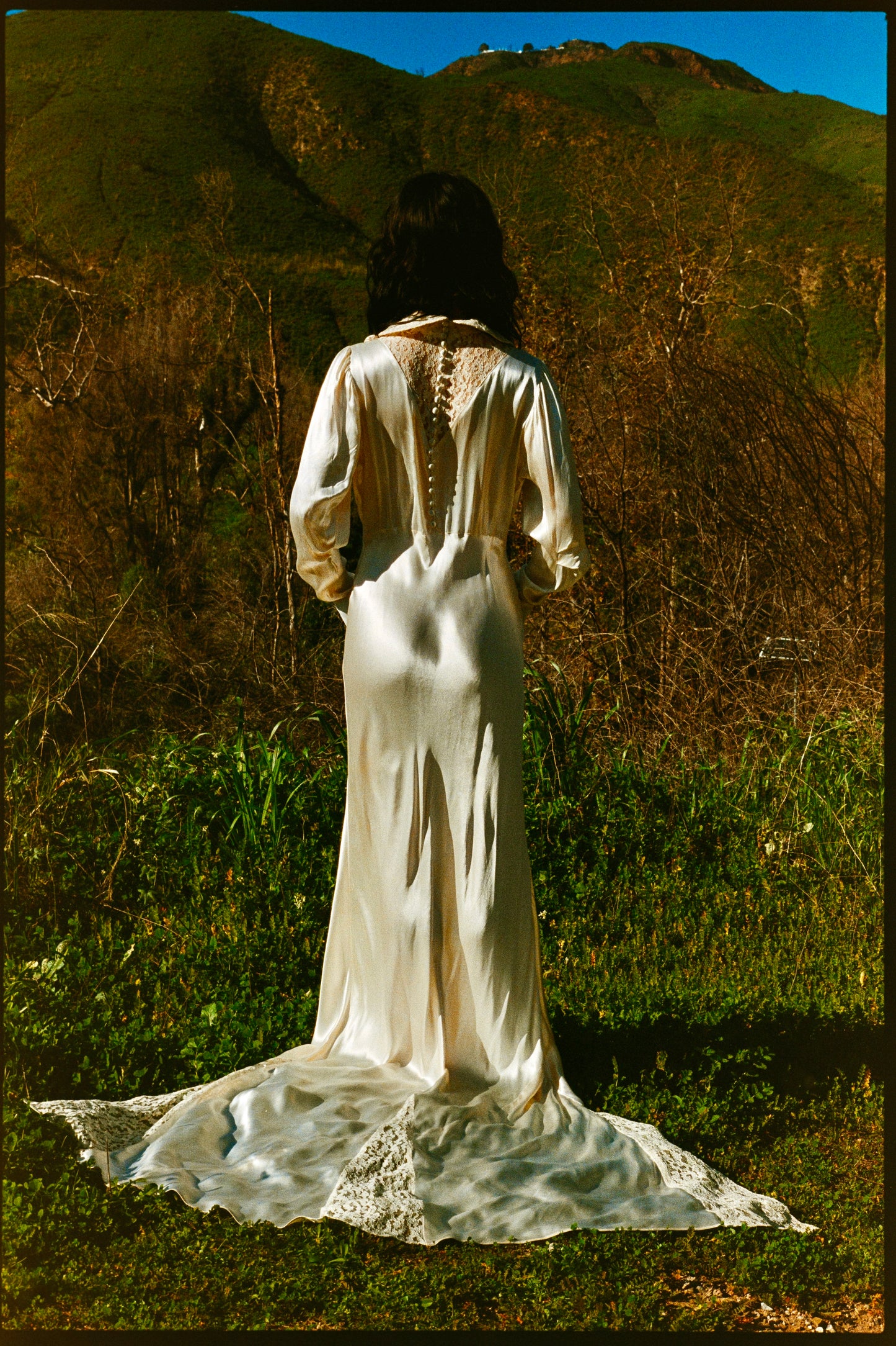 Romantic Antique 1930's Bias Cut Charmeuse Satin Wedding Gown in Candlelight with Rosette Details