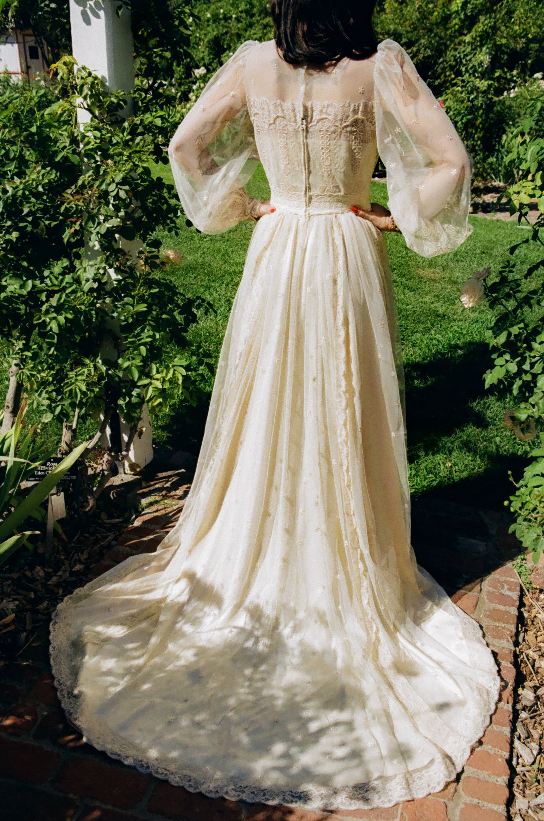 Person wearing a white lace dress with sheer sleeves in a garden setting
