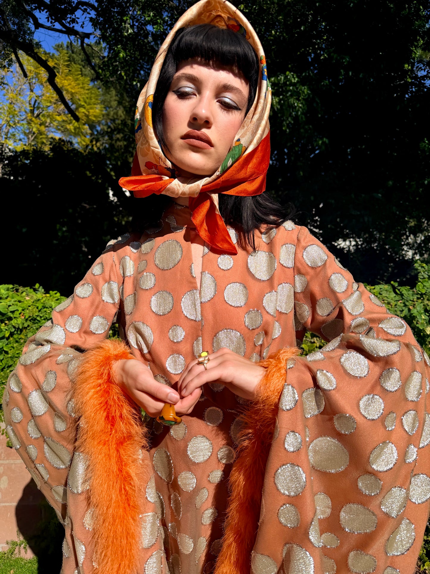 Incredibly Rare, Vintage 1970’s Chiffon Maxi Gown with Elongated Angel Sleeves Lined in Marabou Feathers. Museum Worthy.