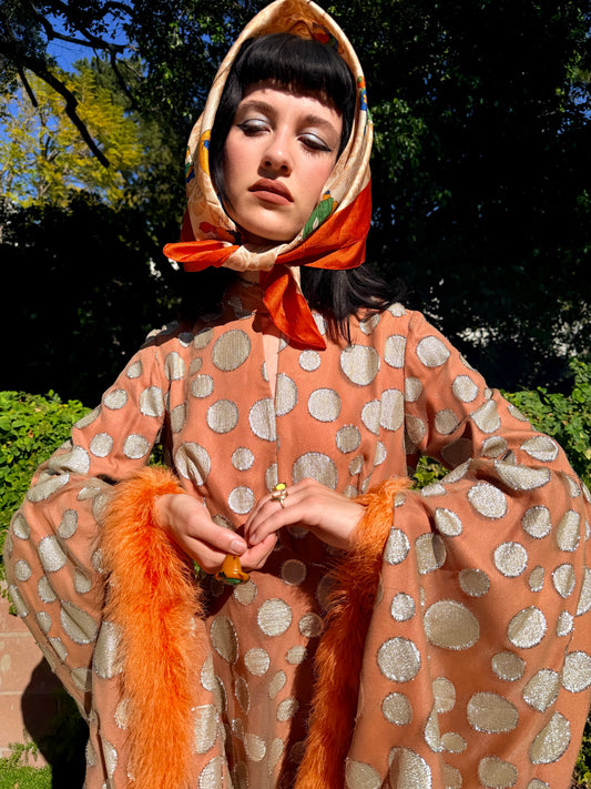 Incredibly Rare, Vintage 1970’s Chiffon Maxi Gown with Elongated Angel Sleeves Lined in Marabou Feathers. Museum Worthy.