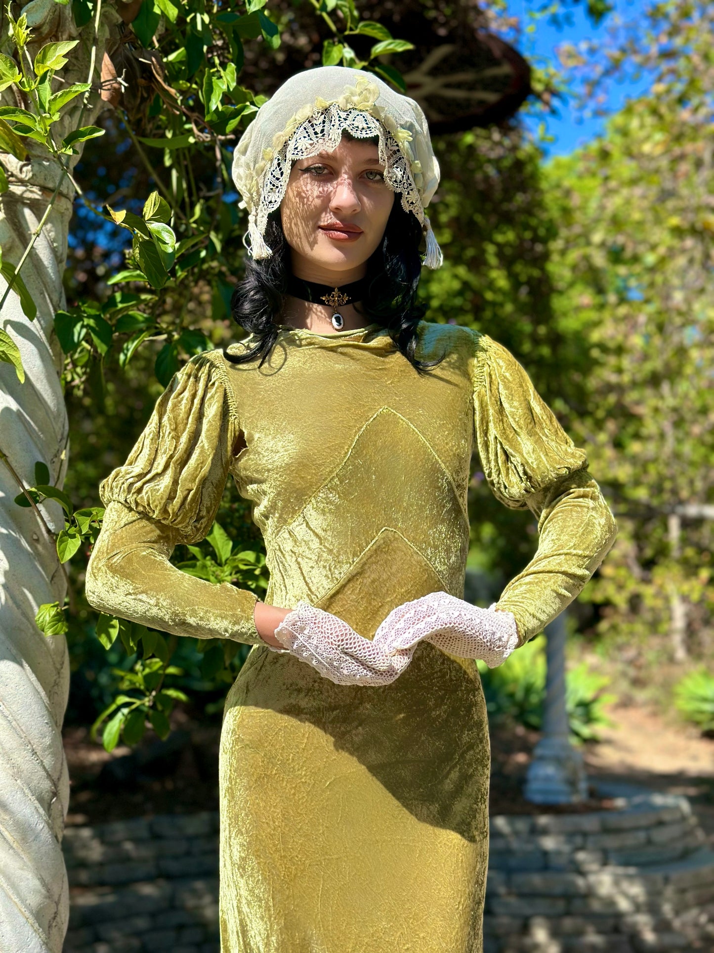 Extraordinary Antique 1930s Olive Silk Velvet Gown – Art Deco Elegance One-of-One