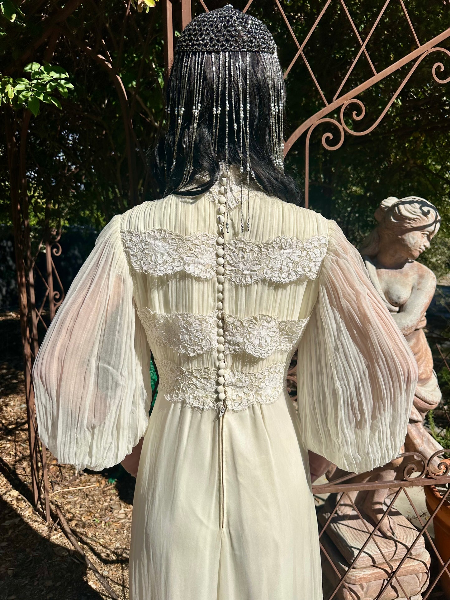 Whimsical Vintage 1970's Victorian Inspired Silk Chiffon Alencon Lace Bridal Dress in Alabaster