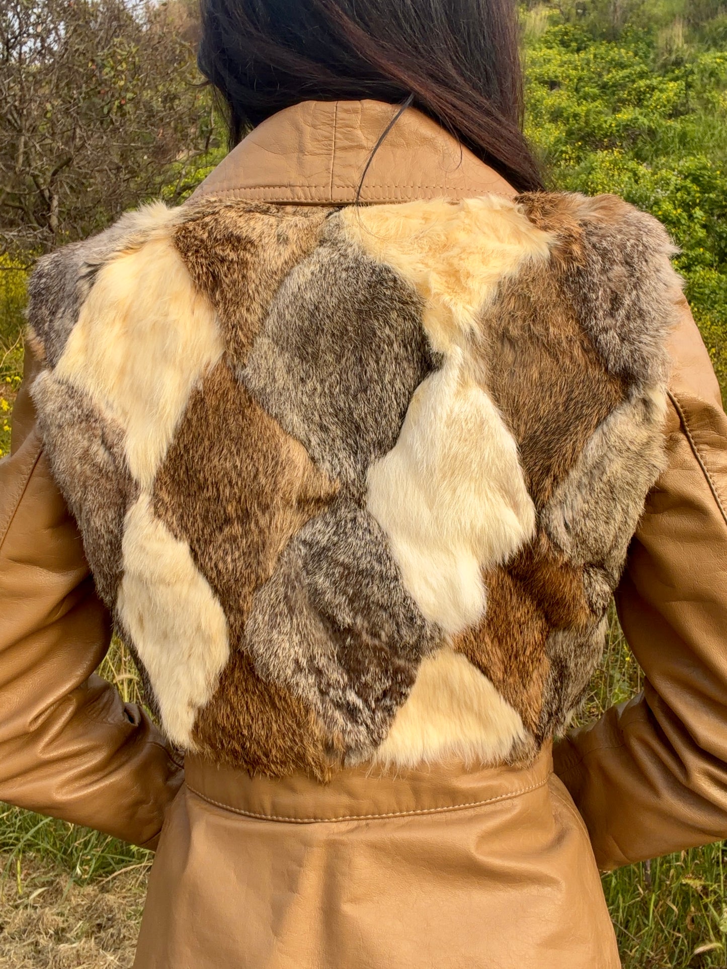 Vintage 1970’s Camel Brown Leather and Diamond Shaped Patchwork Fur Detail Jacket
