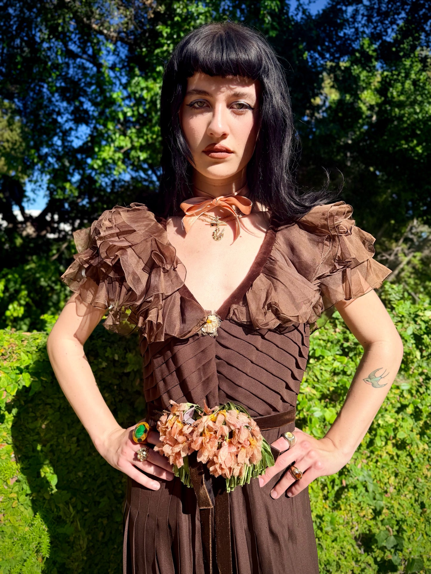 Whimsical Ethereal Vintage 1970’s Chocolate Chiffon Maxi Dress with Antique Floral Details - Re-Designed in House, One-of-One