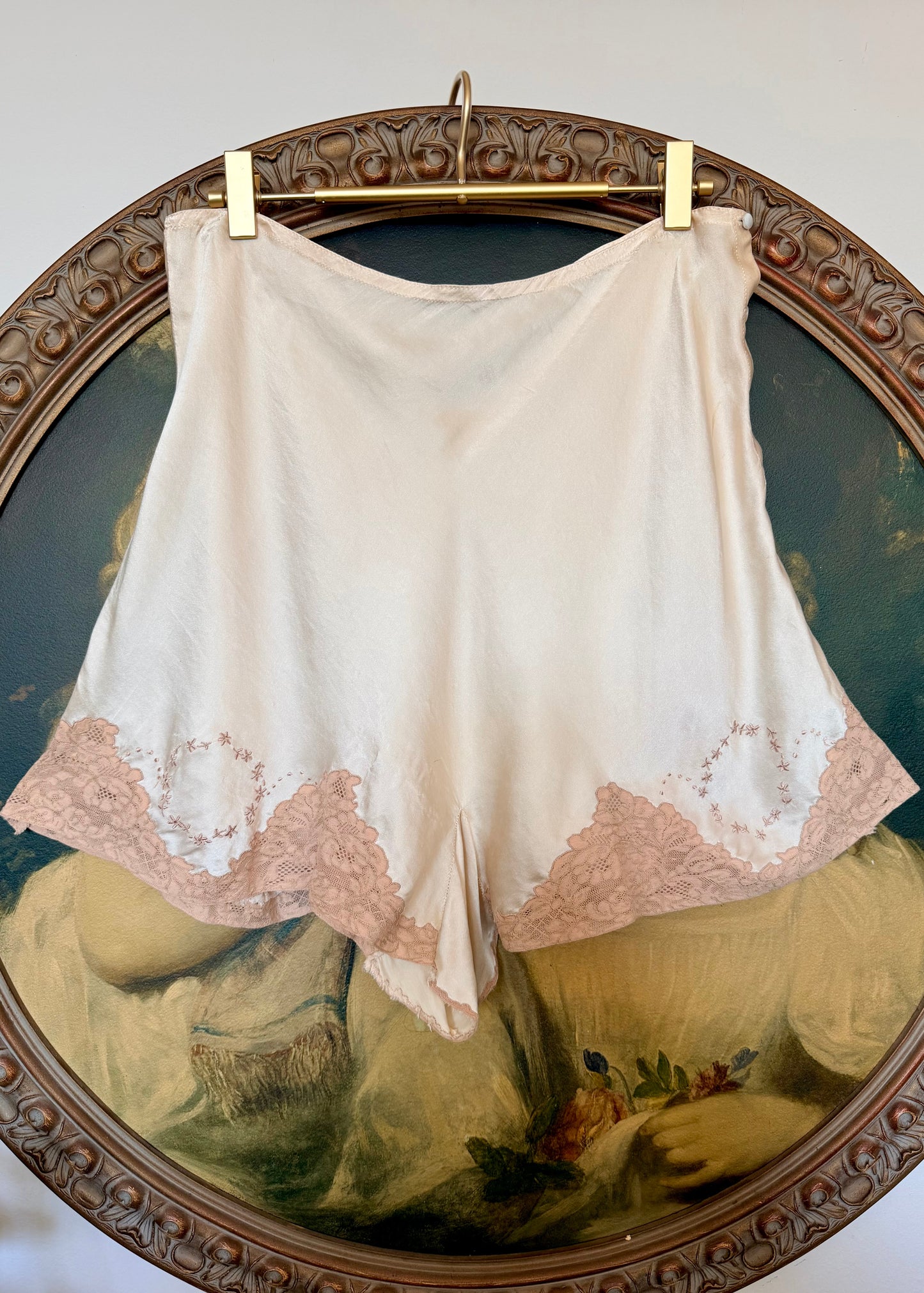 Antique 1930's Silk Tap Pants Bias Cut in Cream with Lace Inserts and Embroidery - Rare size L L/XL