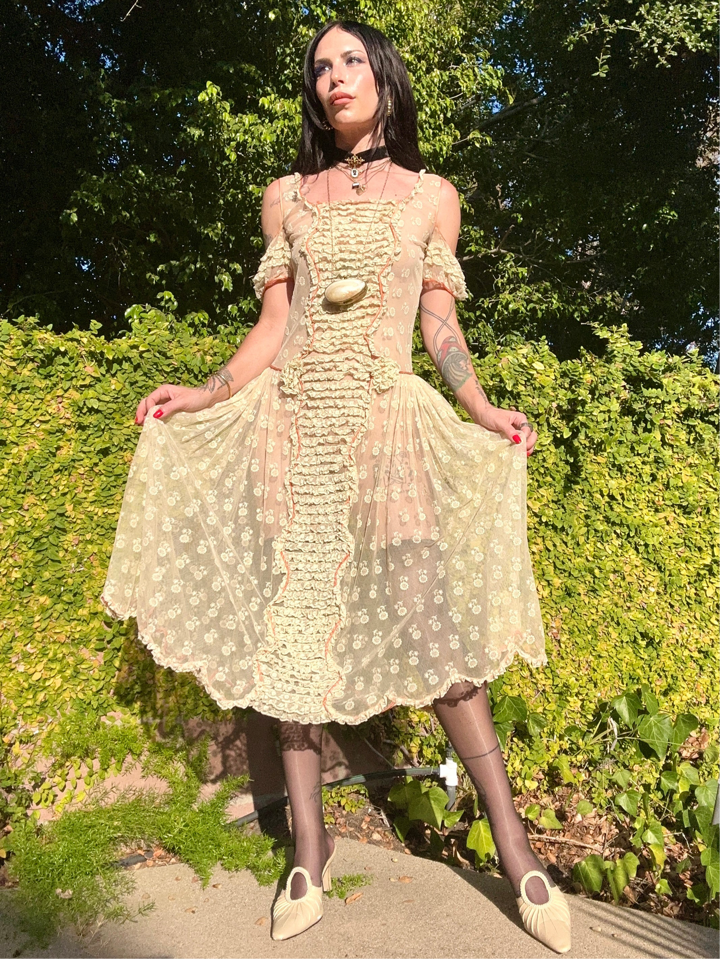 Rare antique 1920’s/1930’s silk tulle lace and tiered frill trim day dress
