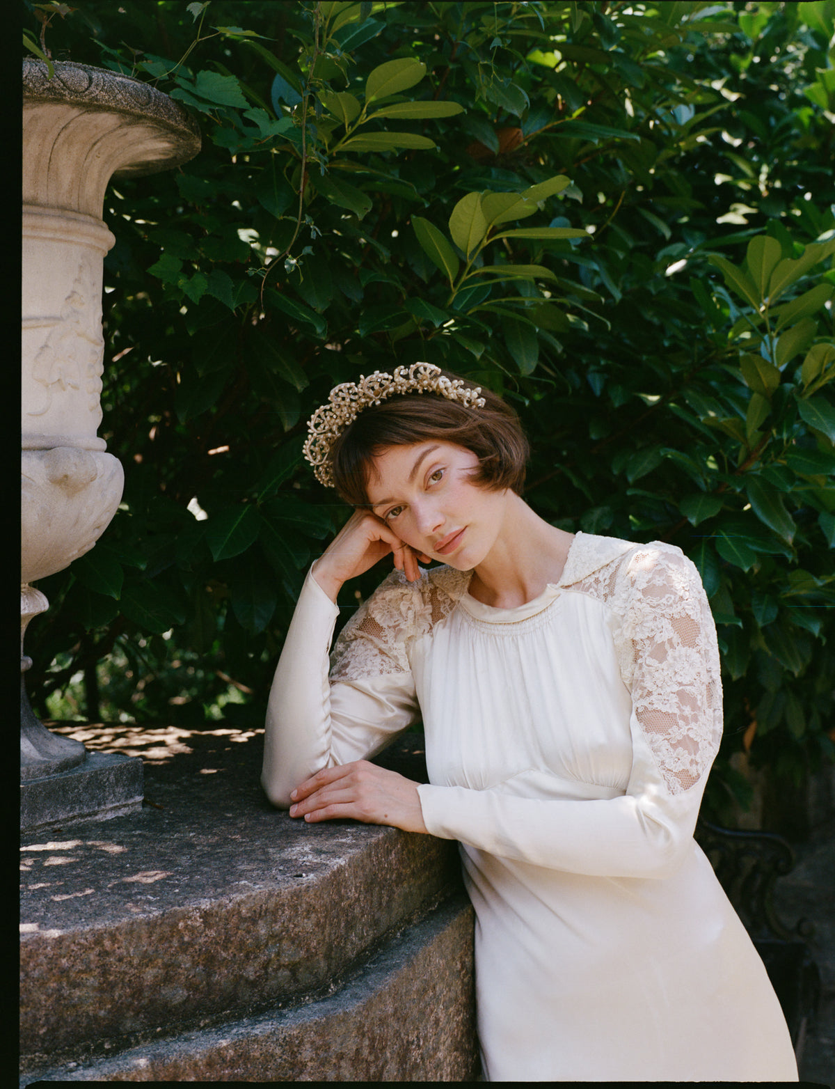 Heavenly Antique 1930’s Liquid Silk Charmeuse Wedding Gown with a Stunning Cathedral Train  Alencon Lace Shoulder and Collar Detail