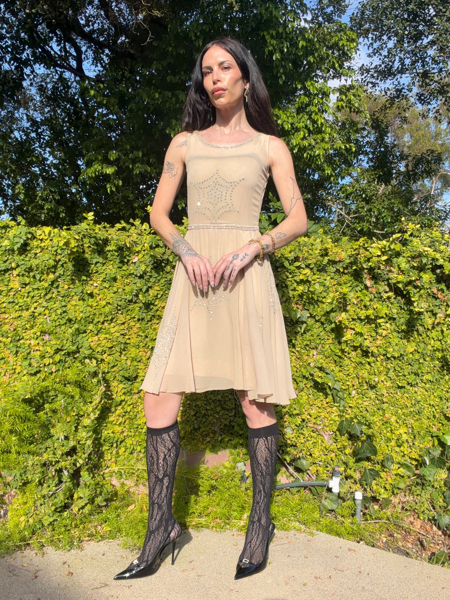 Rare Antique Late 1920’s/early 1930’s Beige Silk Chiffon Dress with Spiderweb or Sunburst Motifs | Art Deco Flapper Evening Gown