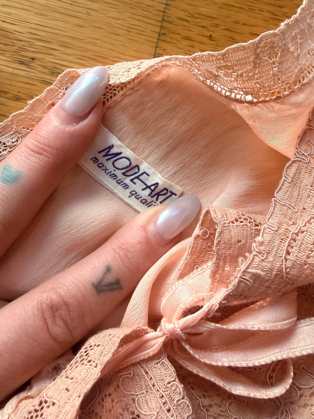 (Reserved) Whimsical Antique 1930’s/1940’s Silk Satin Peachy Pink Slip Dress With Lace Inserts and Flutter Shoulder Sleeves | M-XL