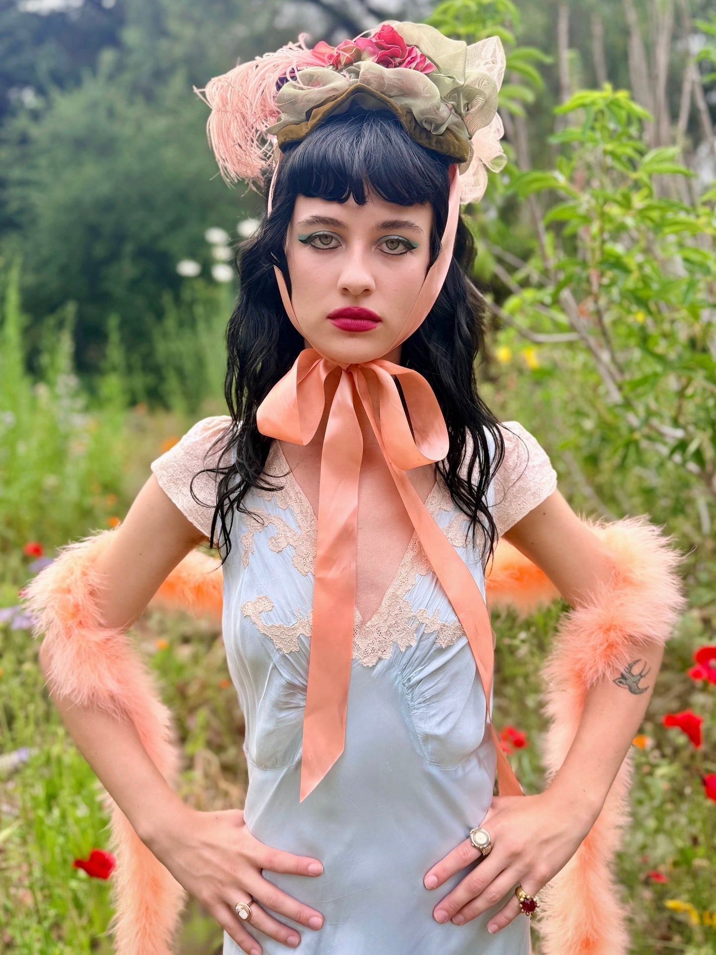 Whimsical Ice Blue Antique 1930's Silk Charmeuse Bias Cut Slip Dress with Cream Lace Inserts - Volup Size