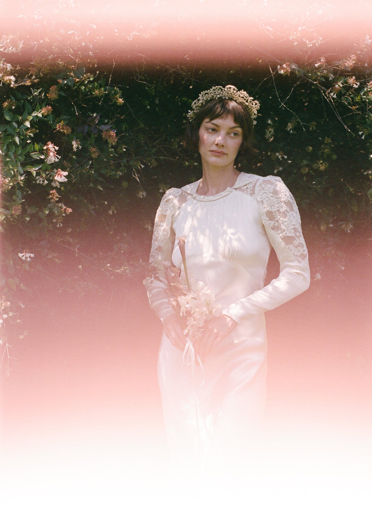 Heavenly Antique 1930’s Liquid Silk Charmeuse Wedding Gown with a Stunning Cathedral Train  Alencon Lace Shoulder and Collar Detail