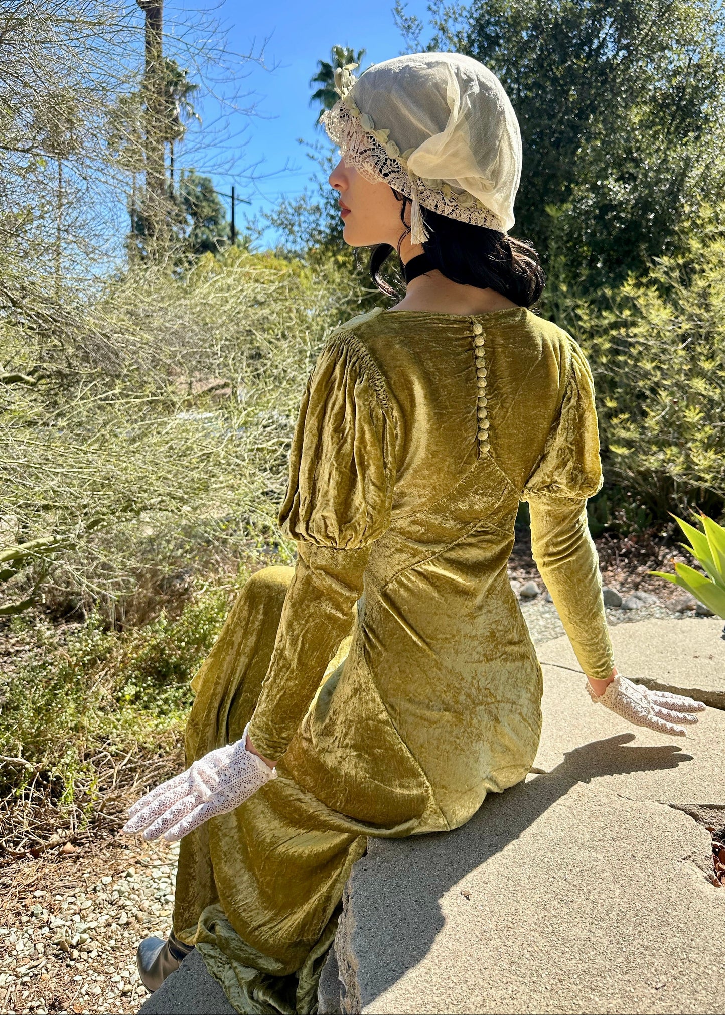 Extraordinary Antique 1930s Olive Silk Velvet Gown – Art Deco Elegance One-of-One