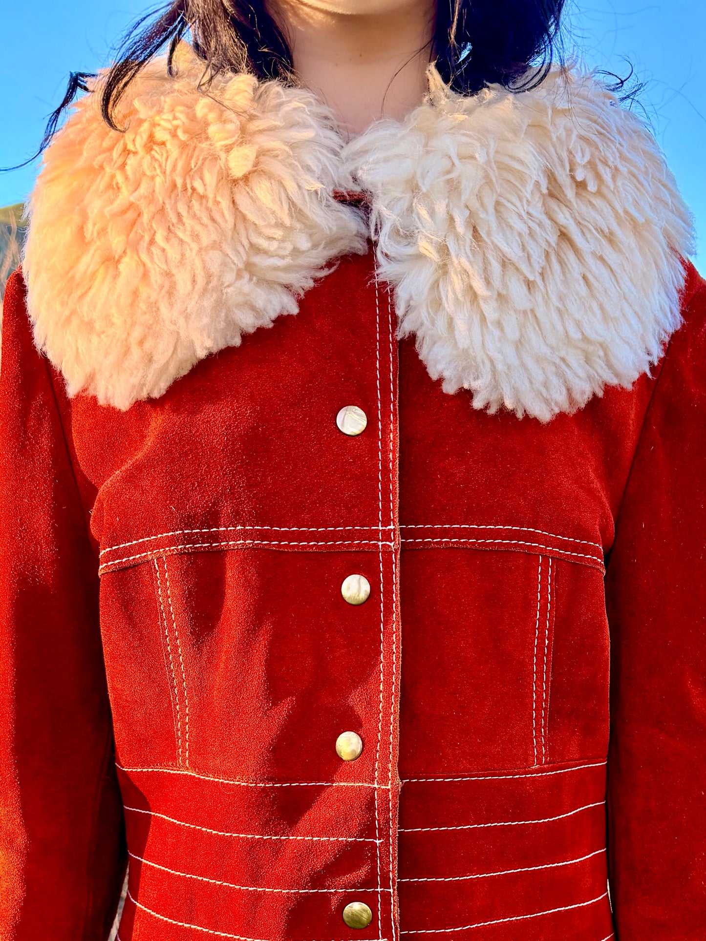Genuine Suede Leather Vintage 1970’s Penny Lane Coat with Shearling Collar and Cuffs By: VANY Arcelus