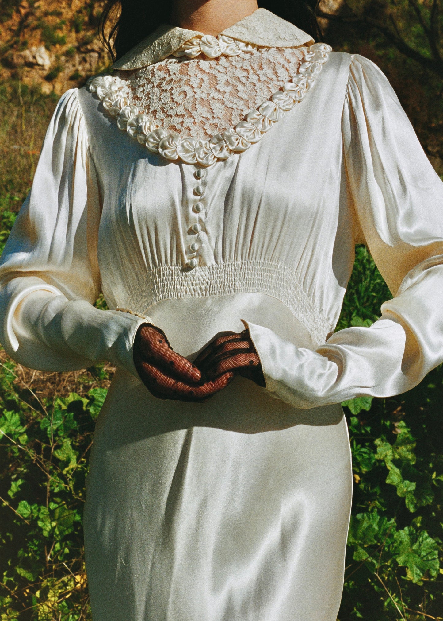 Romantic Antique 1930's Bias Cut Silk Satin Charmeuse in Candlelight Wedding Gown with Unique Chapel Train - Rare size M/L