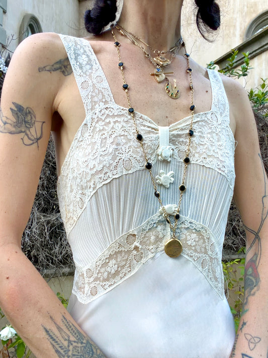 Ethereal Antique 1930's Dove White Silk Satin Bridal Slip with Ivory Alençon Lace and Satin Floral Details | Size S