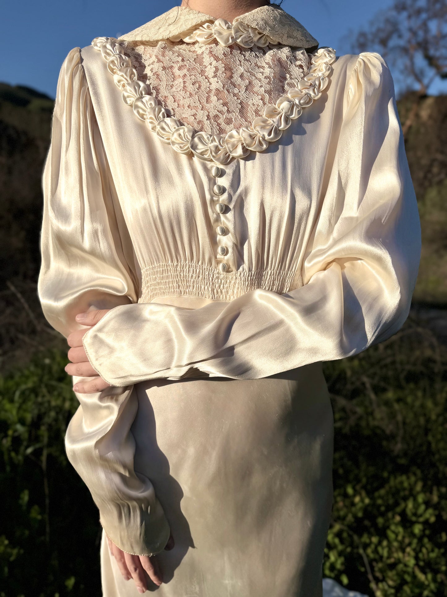 Romantic Antique 1930's Bias Cut Charmeuse Satin Wedding Gown in Candlelight with Rosette Details