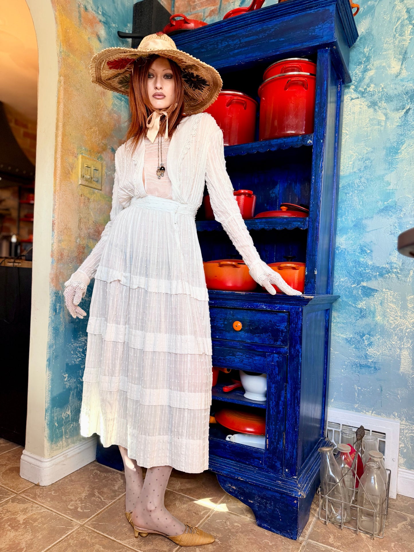 Ethereal Antique Edwardian c. 1910’s Swiss Dot Embroidered Cotton Lawn Dress
