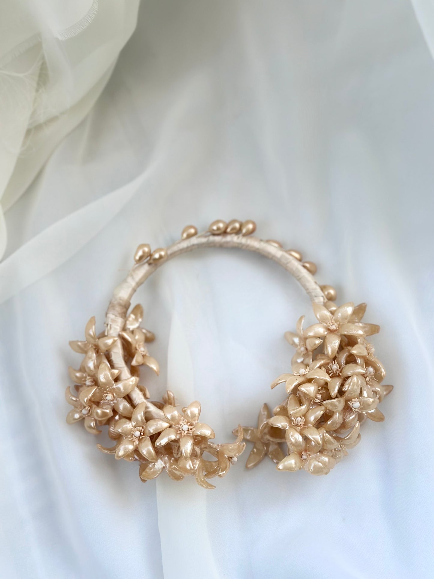 Antique Edwardian Bridal Head Piece with Pearlescent Wax Flowers and a Silk Wrapped Head Band