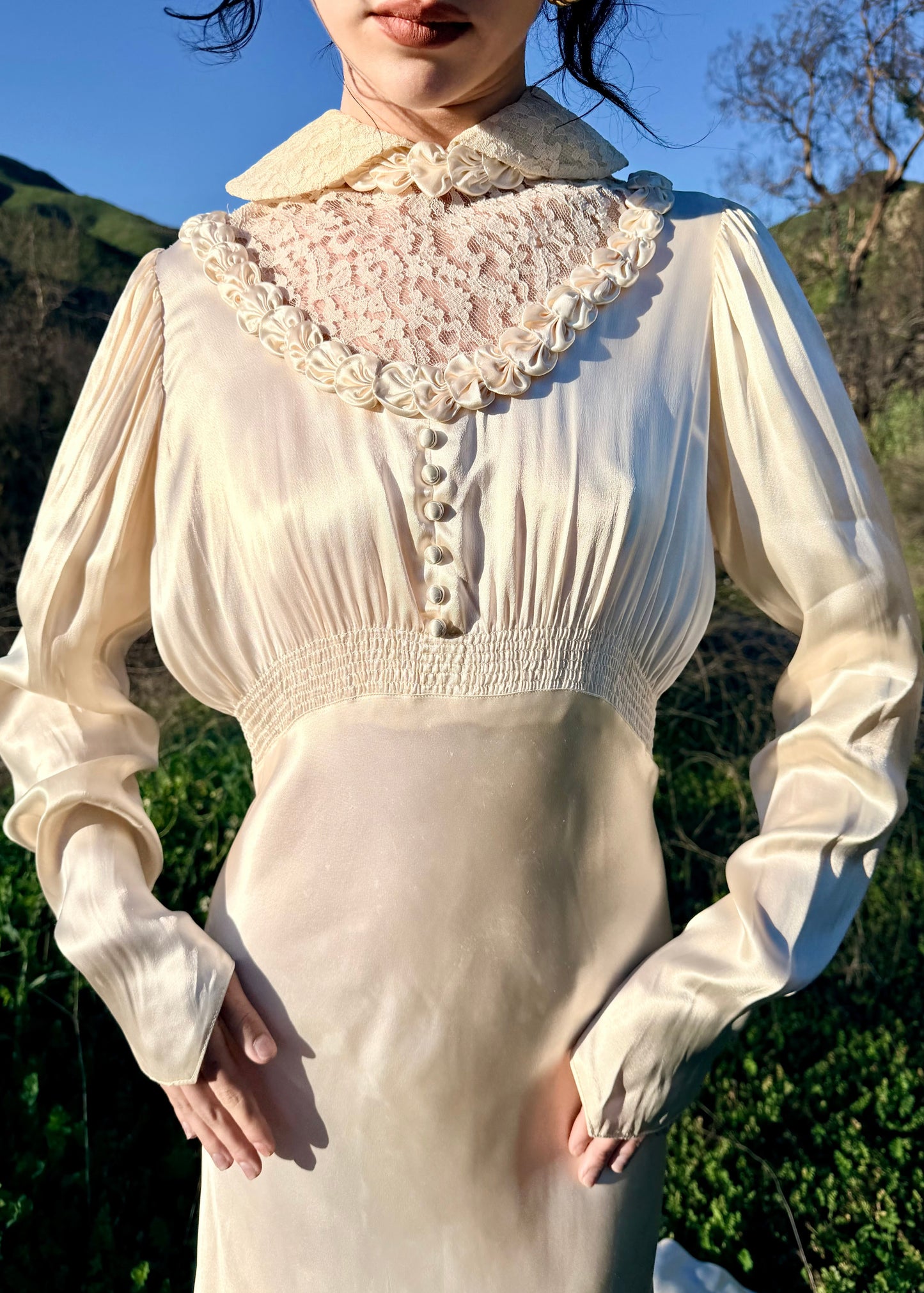 Romantic Antique 1930's Bias Cut Silk Satin Charmeuse in Candlelight Wedding Gown with Unique Chapel Train - Rare size M/L