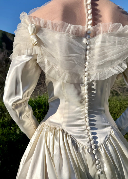Rare, Exceptionally Stunning, Vintage 1940’s Liquid Silk Satin Charmeuse Wedding Gown in Ivory with a Basque Waist and 86" Cathedral Train. Designed by: Miriam Originals New York