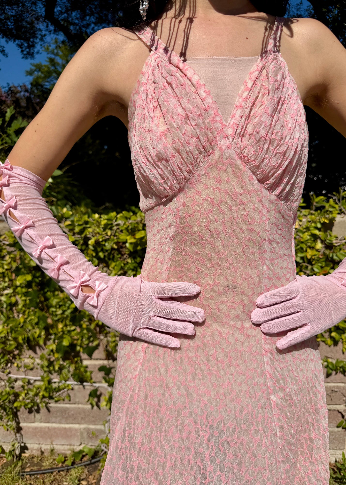 Whimsical Antique 1930’s Silk Organdy Bias Cut Maxi Dress with an Ethereal Floral Fabric Pattern