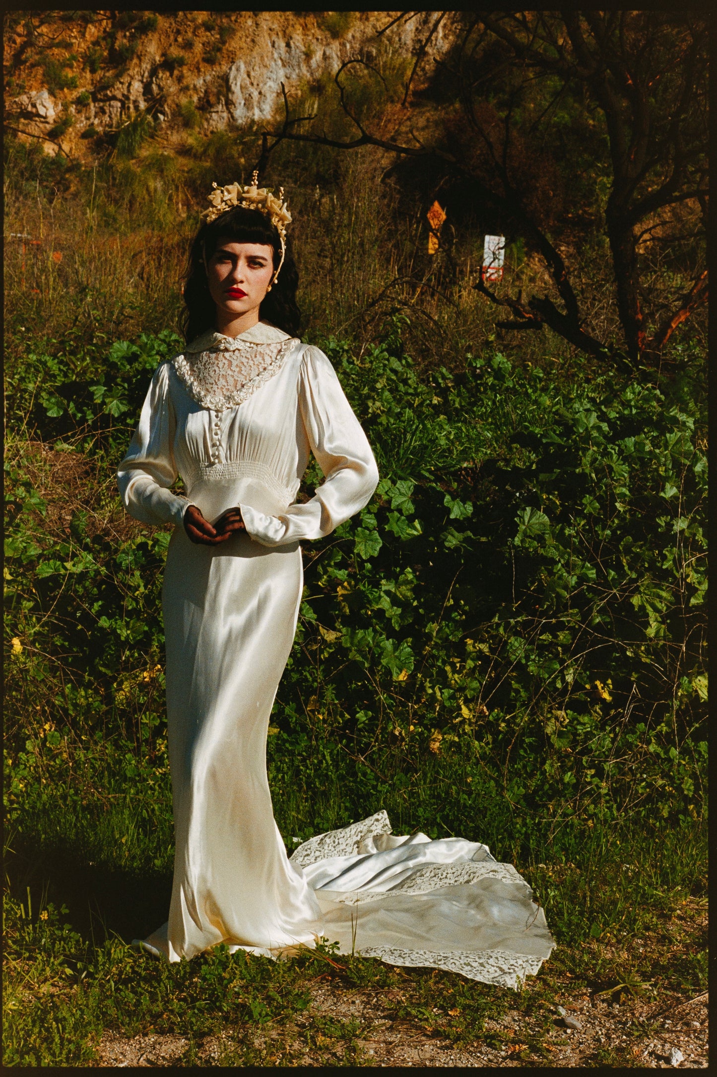 Romantic Antique 1930's Bias Cut Charmeuse Satin Wedding Gown in Candlelight with Rosette Details