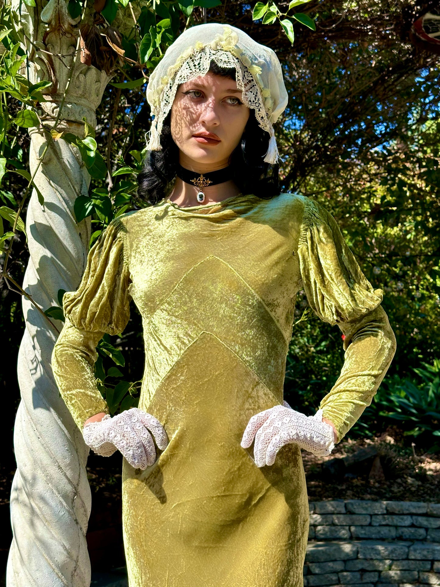 Extraordinary Antique 1930s Olive Silk Velvet Gown – Art Deco Elegance One-of-One