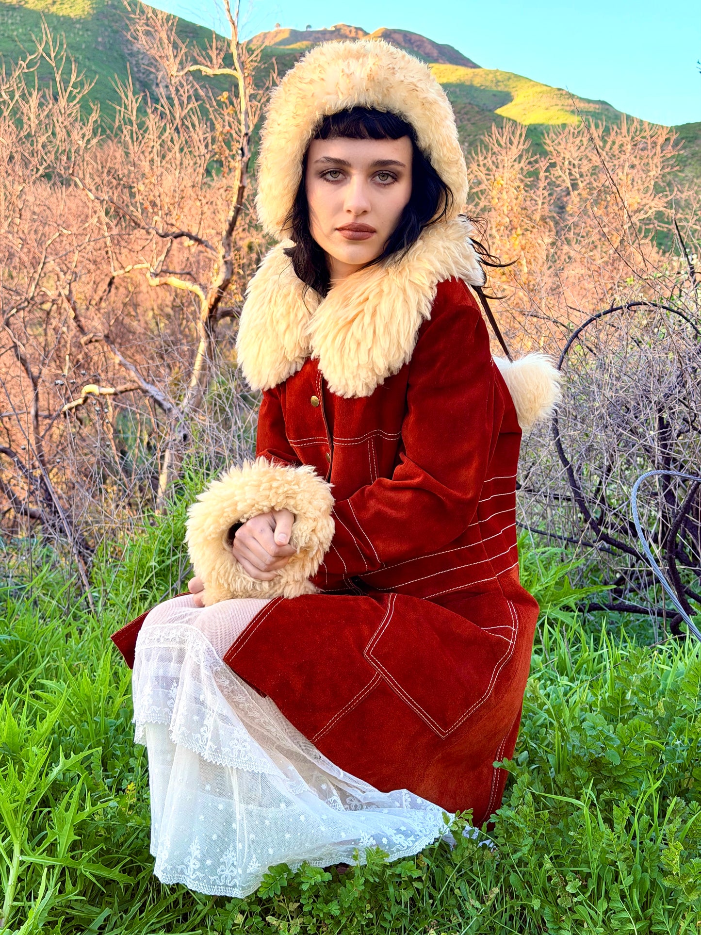 Genuine Suede Leather Vintage 1970’s Penny Lane Coat with Shearling Collar and Cuffs By: VANY Arcelus