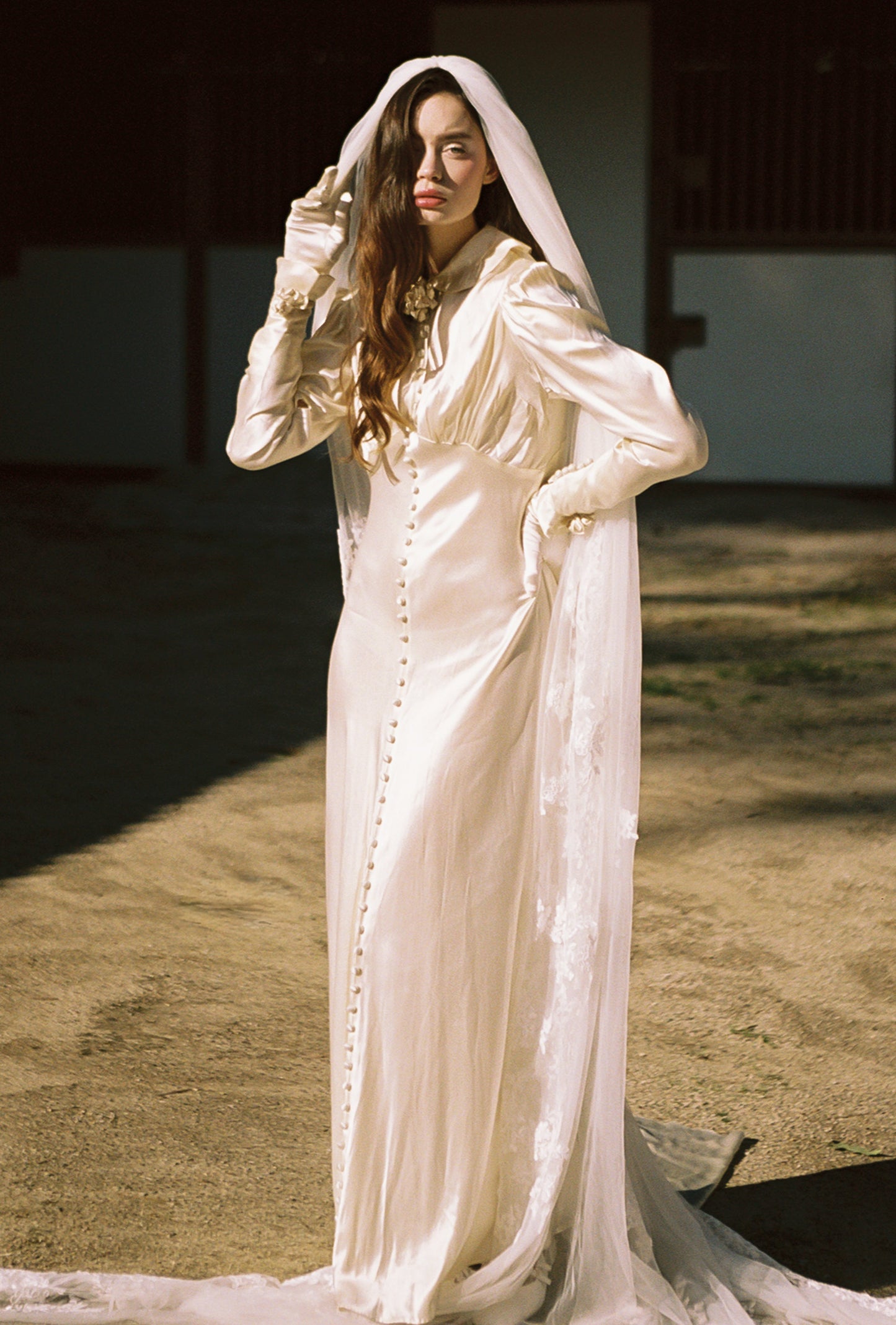 Timeless Antique 1930’s Warm Ivory Liquid Silk Charmeuse Wedding Gown with Sculptural Flower Details and Cathedral Train