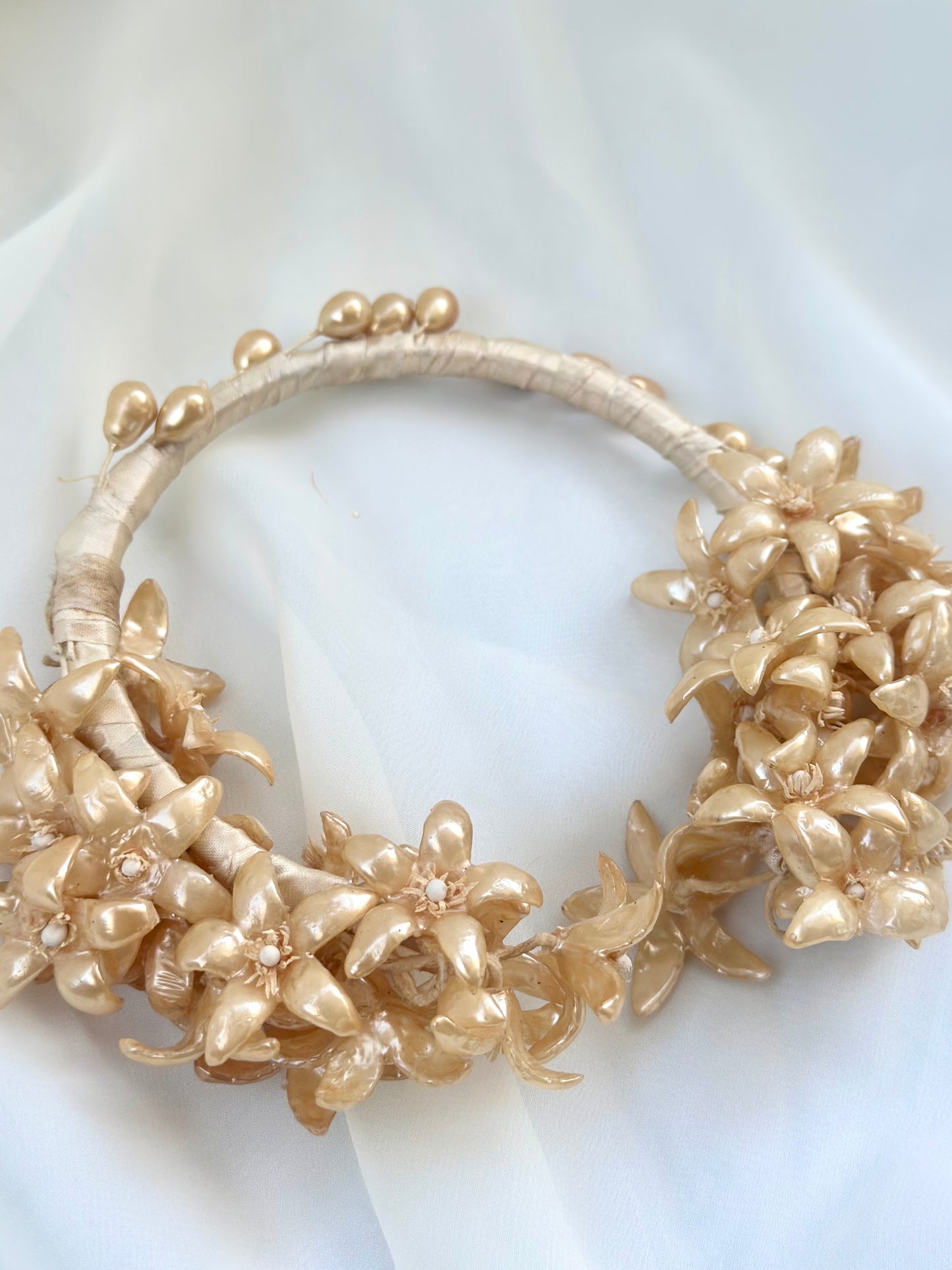 Antique Edwardian Bridal Head Piece with Pearlescent Wax Flowers and a Silk Wrapped Head Band