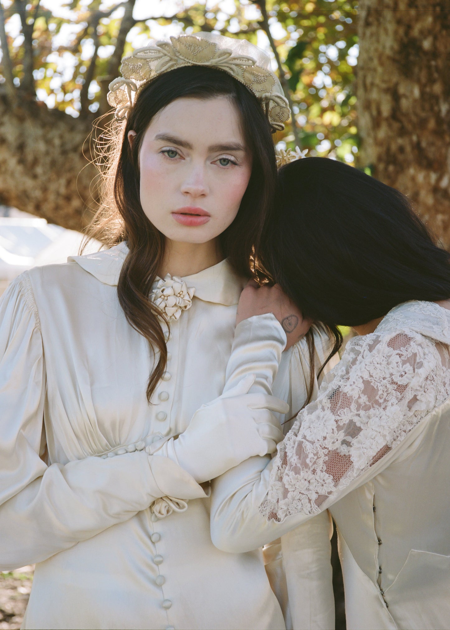 Timeless Antique 1930’s Warm Ivory Liquid Silk Charmeuse Wedding Gown with Sculptural Flower Details and Cathedral Train