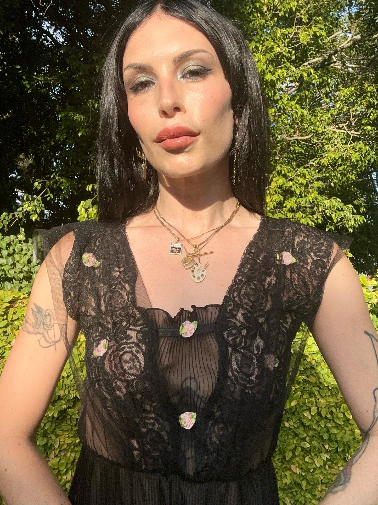 Sultry Vintage 1960’s Black Pleated Maxi Slip Dress with Rosettes and Lace