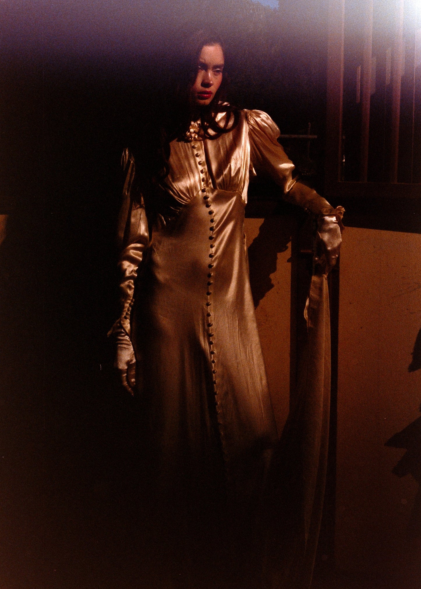 Timeless Antique 1930’s Warm Ivory Liquid Silk Charmeuse Wedding Gown with Sculptural Flower Details and Cathedral Train