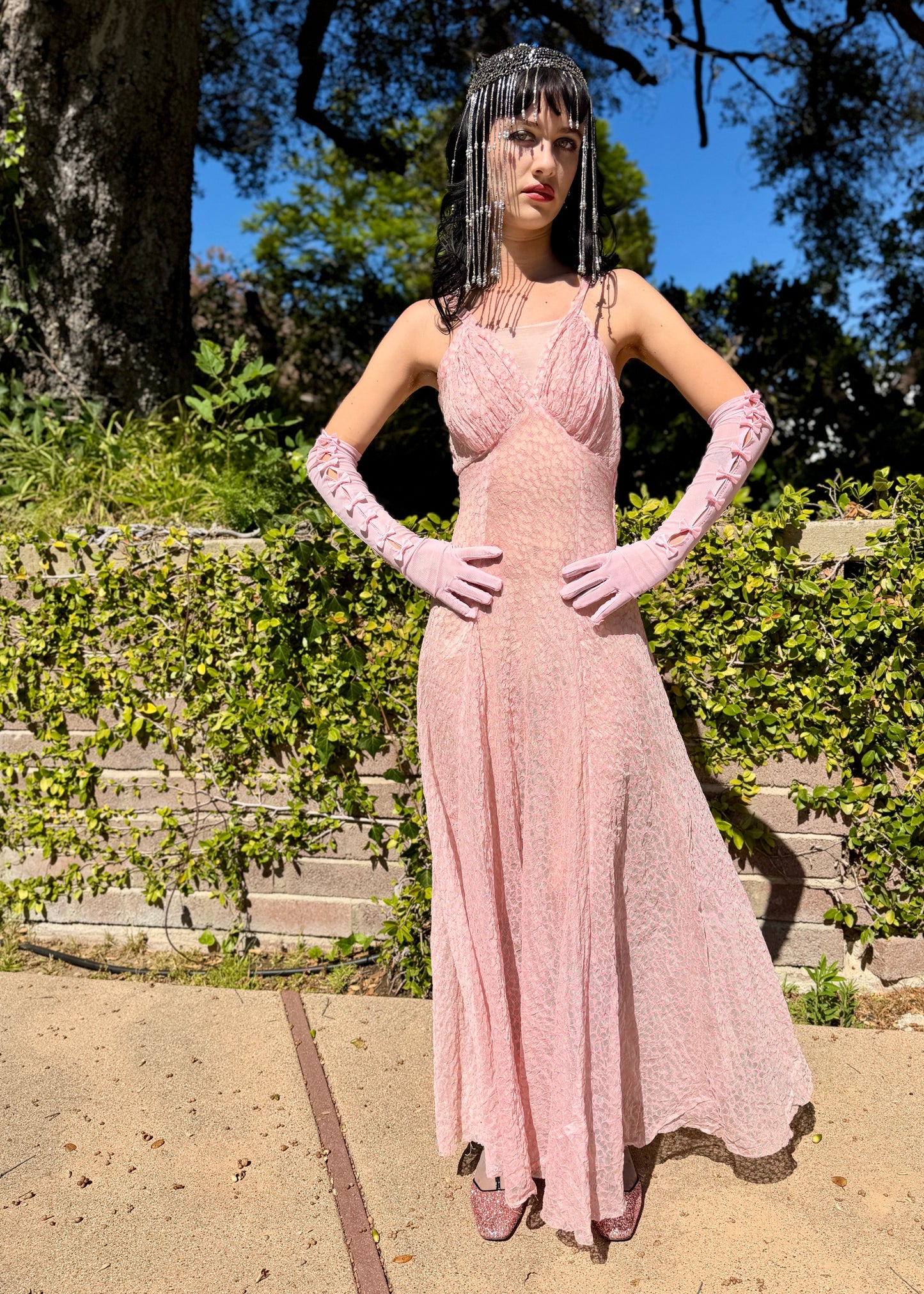 Whimsical Antique 1930’s Silk Organdy Bias Cut Maxi Dress with an Ethereal Floral Fabric Pattern