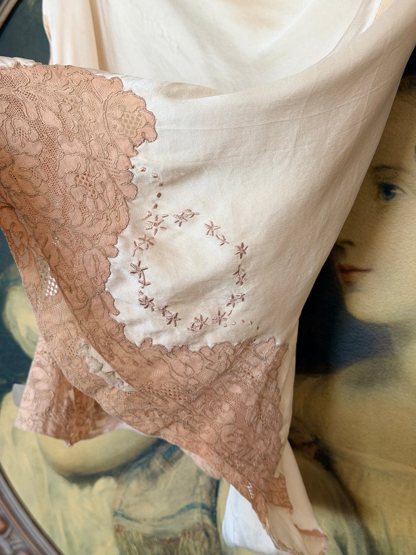Antique 1930's Silk Tap Pants Bias Cut in Cream with Lace Inserts and Embroidery - Rare size L L/XL