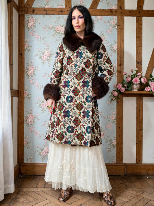 Rare Vintage 1960’s/1970’s Tapestry Coat Made by: Midbrooke New York with Fur Collar and Faux Fur Cuffs ILGWU Union Made size Small