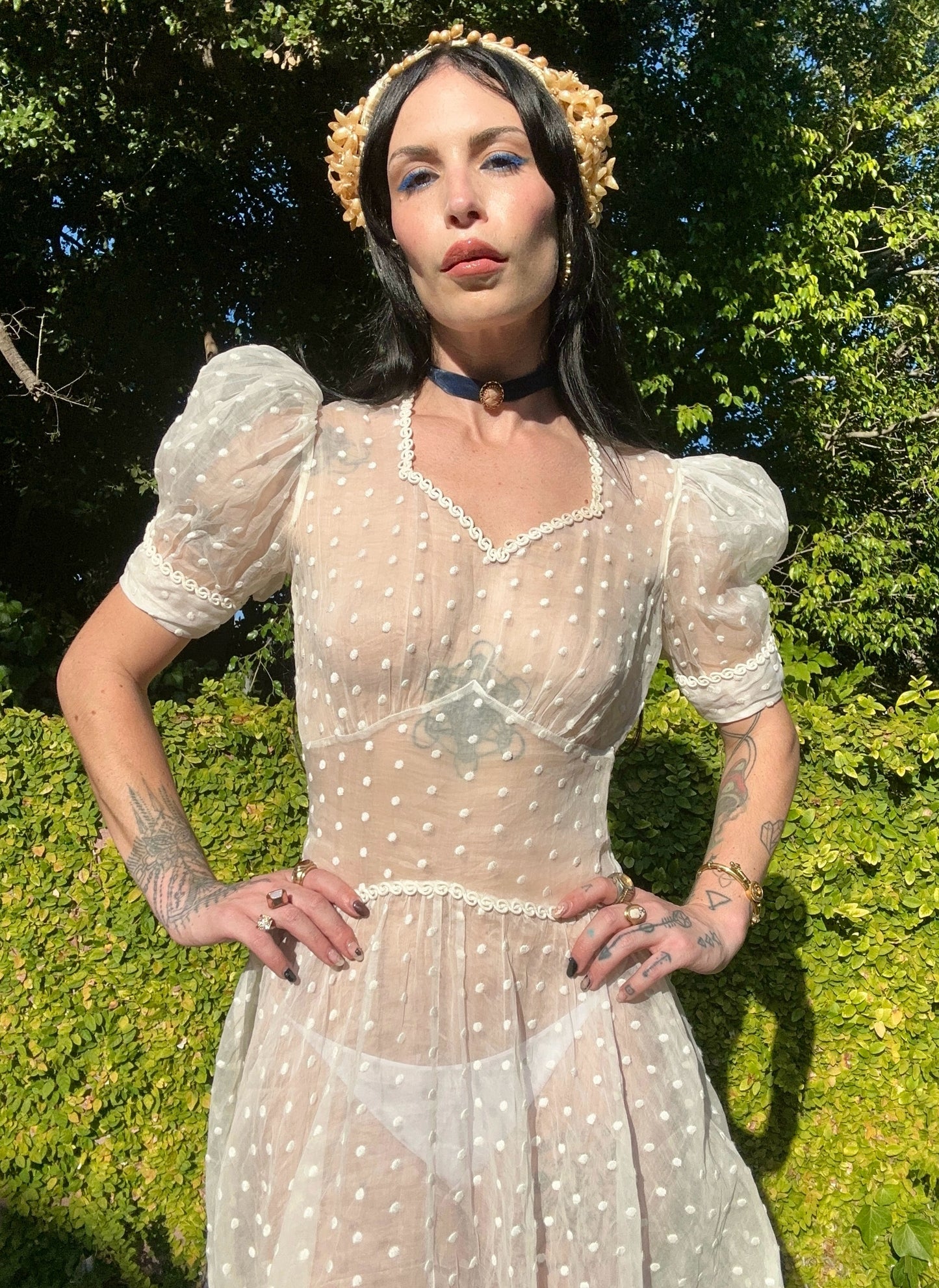Antique Edwardian Bridal Head Piece with Pearlescent Wax Flowers and a Silk Wrapped Head Band