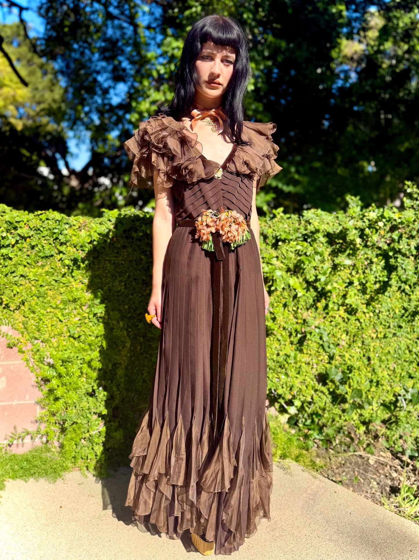 Whimsical Ethereal Vintage 1970’s Chocolate Chiffon Maxi Dress with Antique Floral Details - Re-Designed in House, One-of-One