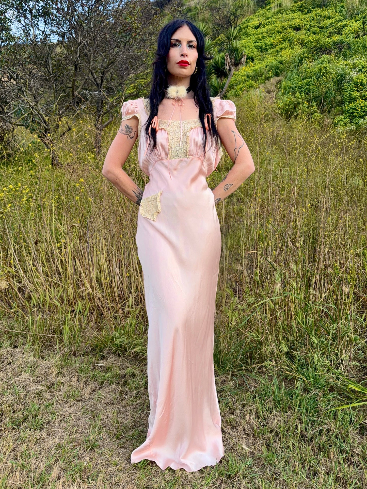 Stunning Antique 1930’s Cherry Blossom Pink Bias Cut Silk Slip Dress with Unique Lace Detail