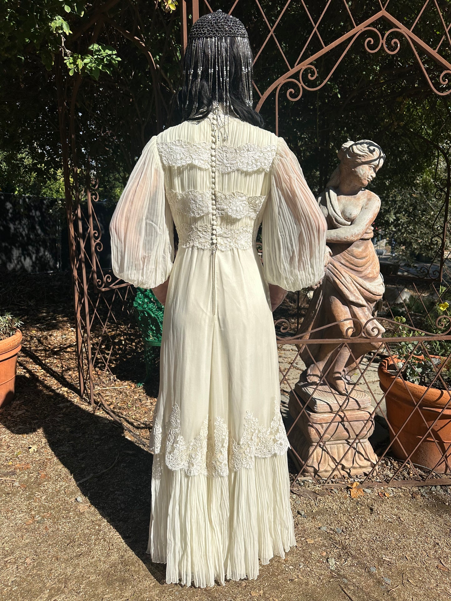 Whimsical Vintage 1970's Victorian Inspired Silk Chiffon Alencon Lace Bridal Dress in Alabaster