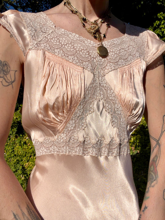 Ethereal Antique 1930s–1940s Silk Rayon Bias Cut Slip Dress | Ballet Slipper Pink with Ecru Lace